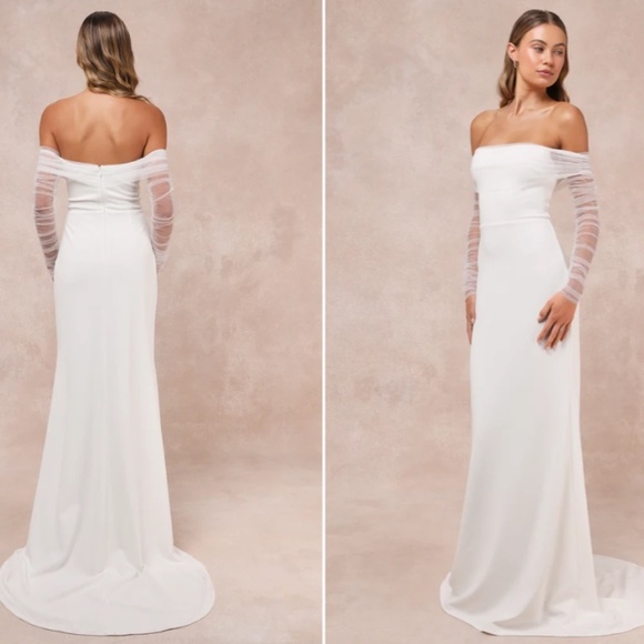 LULU's Beautifully Beloved White Mesh Off-the-Shoulder Bridal Gown NWOT - Picture 4 of 6